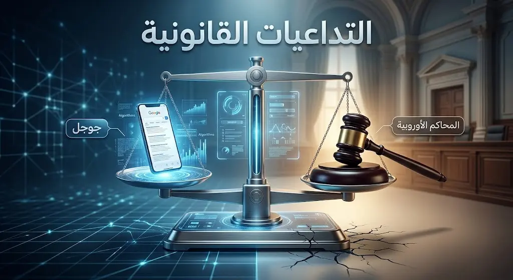 رسم تعبيري يجسد ميزان العدالة الرقمي، موضحاً التداعيات القانونية والمواجهة بين شركات التكنولوجيا الكبرى والمحاكم الأوروبية.