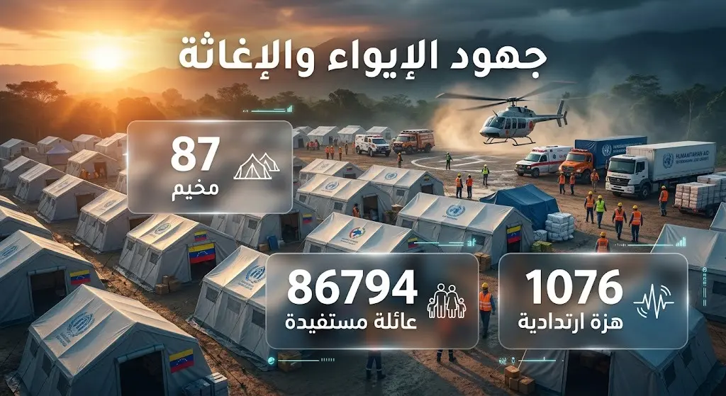 تصميم مرئي احترافي يجمع بين مشهد لمخيمات الإيواء وبطاقات معلومات تستعرض أرقام جهود الإغاثة والهزات الارتدادية في فنزويلا.