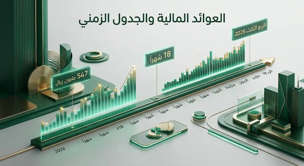 إنفوجرافيك مالي يوضح تفاصيل وقيمة عقد تطوير البنية التحتية البالغة 547 مليون ريال، والجدول الزمني للمشروع الممتد لـ 18 شهراً.