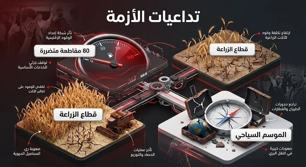 تصميم مرئي يستعرض تداعيات أزمة الوقود على 80 مقاطعة روسية وتأثيرها المحتمل على قطاعي الزراعة والسياحة.