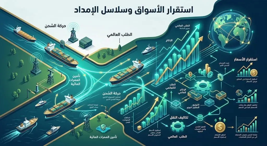 تصميم مرئي يعبر عن تأثير استمرار فتح مضيق هرمز على استقرار سلاسل الإمداد وحركة الشحن العالمية.