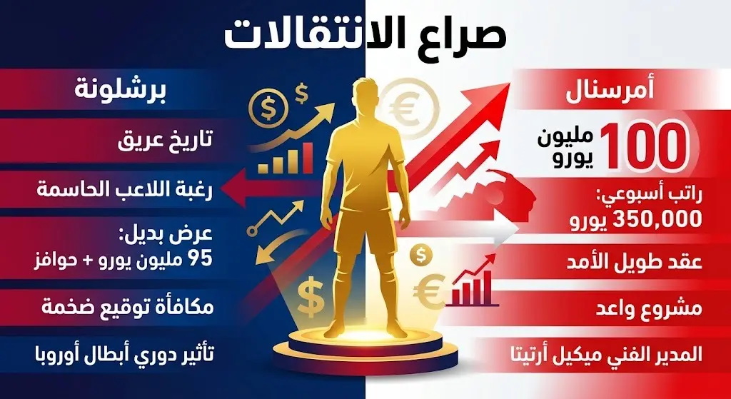 تصميم بصري يقارن بين مساعي ناديي أرسنال وبرشلونة للتعاقد مع جوليان ألفاريز وقيمة العروض المالية المتوقعة