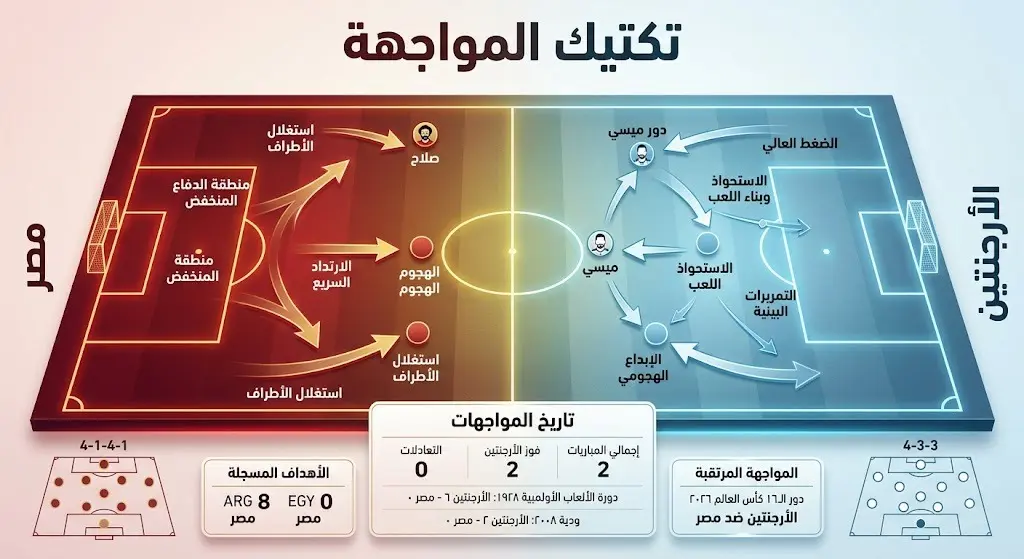 تصميم تكتيكي يوضح خطط المنتخبين المصري والأرجنتيني وتاريخ المواجهات السابقة بينهما على أرضية ملعب افتراضية.