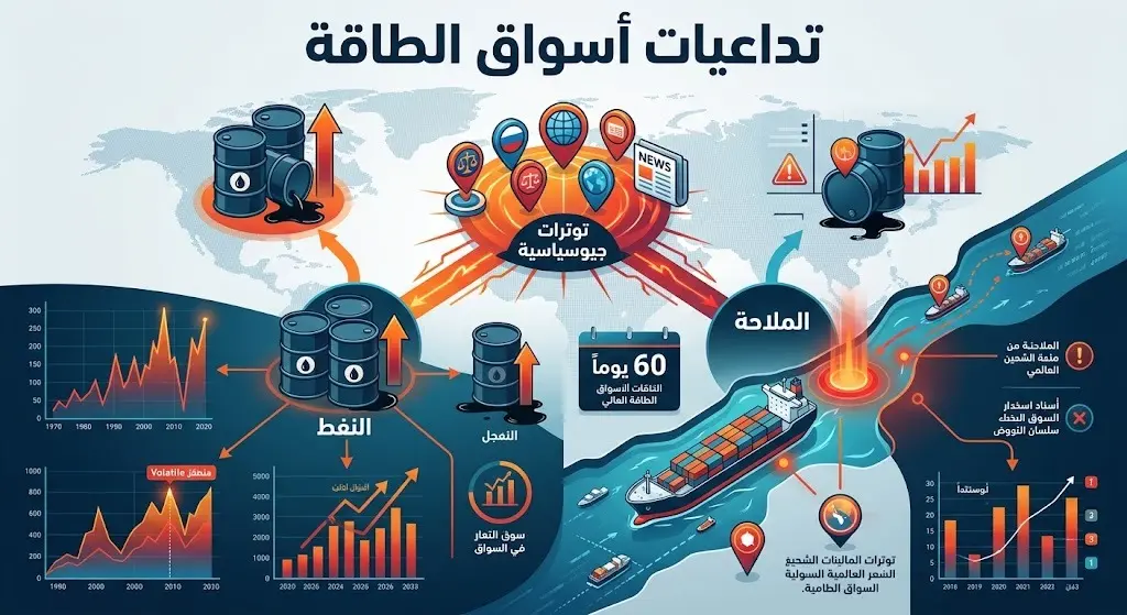 إنفوجرافيك يوضح تأثير التوترات الجيوسياسية على أسواق النفط وحركة الملاحة البحرية