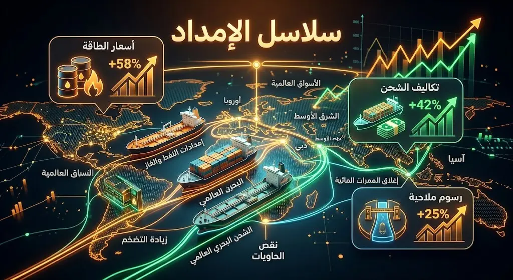 إنفوجرافيك اقتصادي يظهر تأثير التوترات على سلاسل الإمداد العالمية وأسعار الطاقة وتكاليف الشحن.