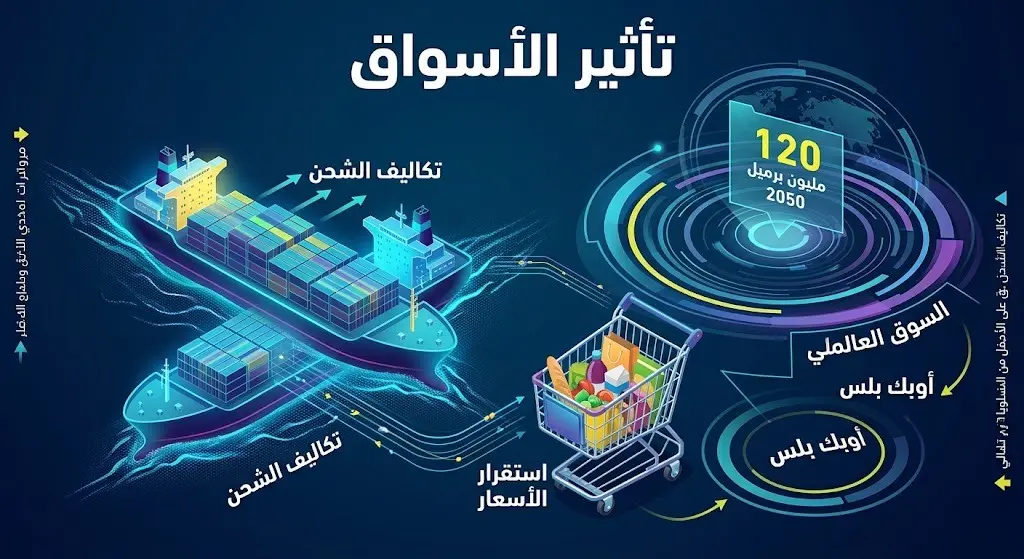 مشهد تعبيري يربط بين حركة التجارة العالمية وتكاليف الشحن ومستقبل استهلاك الطاقة