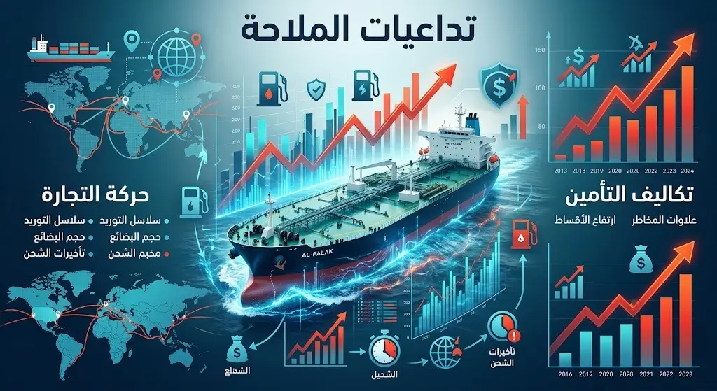 إنفوجرافيك يدمج بين ناقلات النفط والرسوم البيانية المضيئة التي تظهر ارتفاع تكاليف الشحن والتأمين البحري.
