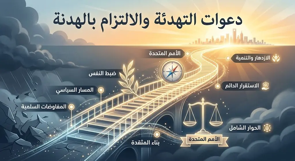 تصميم تعبيري يعكس الدعوات الدبلوماسية للالتزام بالهدنة والعودة للمسار السياسي برعاية الأمم المتحدة.