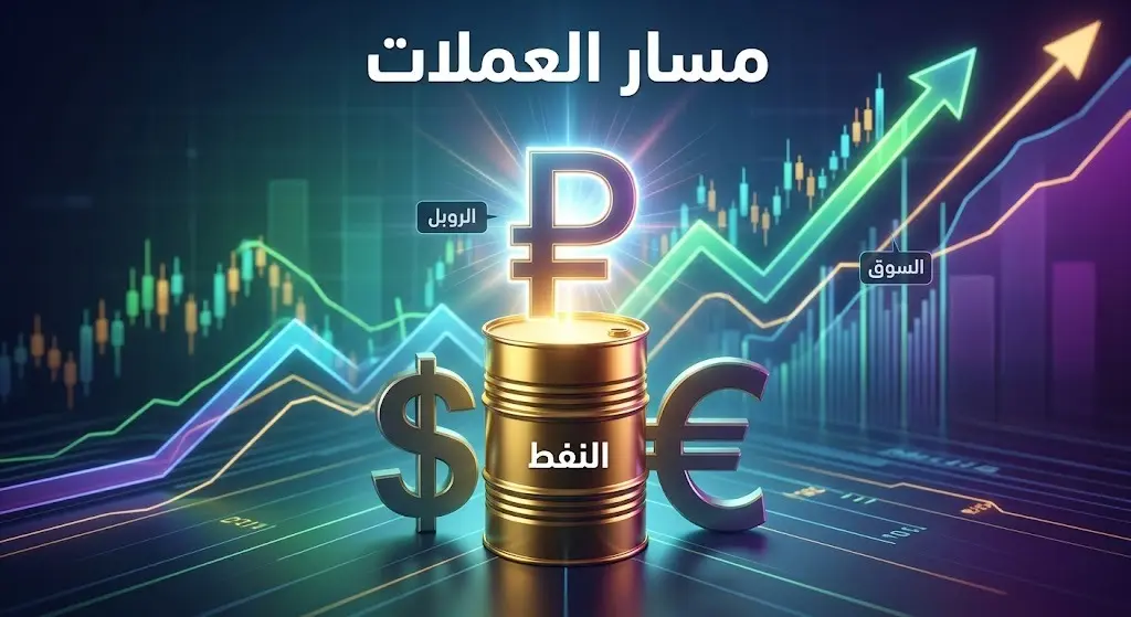 تصميم ثلاثي الأبعاد يبرز تأثير أسعار النفط على استقرار الروبل الروسي مقابل العملات العالمية الأخرى.