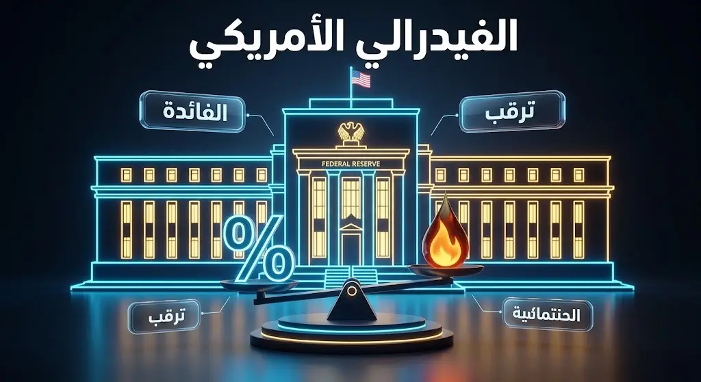 تصميم تعبيري يظهر مبنى الفيدرالي الأمريكي مع ميزان يزن معدلات الفائدة والتضخم وسط شاشات مالية وترقب للأسواق.
