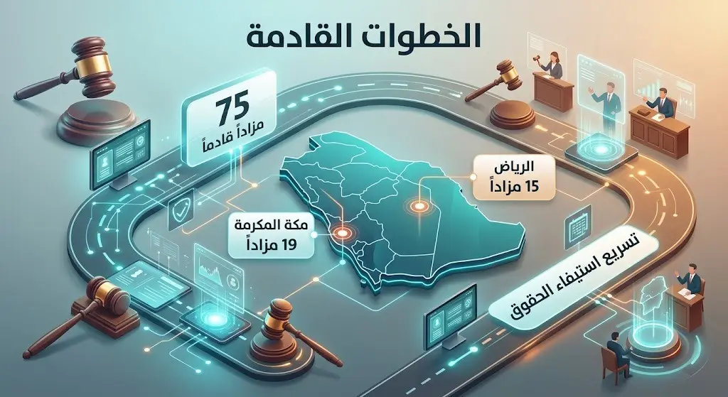 تصميم بياني يوضح خريطة طريق المزادات القادمة لمركز إنفاذ وتوزيعها الجغرافي بين مكة المكرمة والرياض.