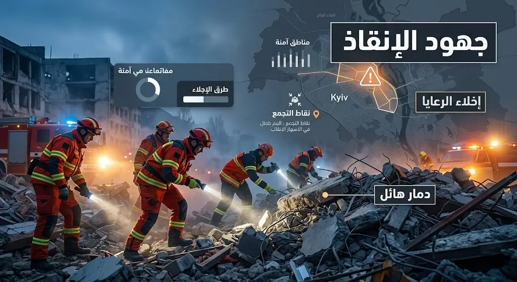 إنفوجرافيك ومشهد تعبيري يجسد جهود فرق الإنقاذ الأوكرانية وسط الأنقاض، مع إشارات بصرية توضح دعوات إخلاء الرعايا الأجانب.