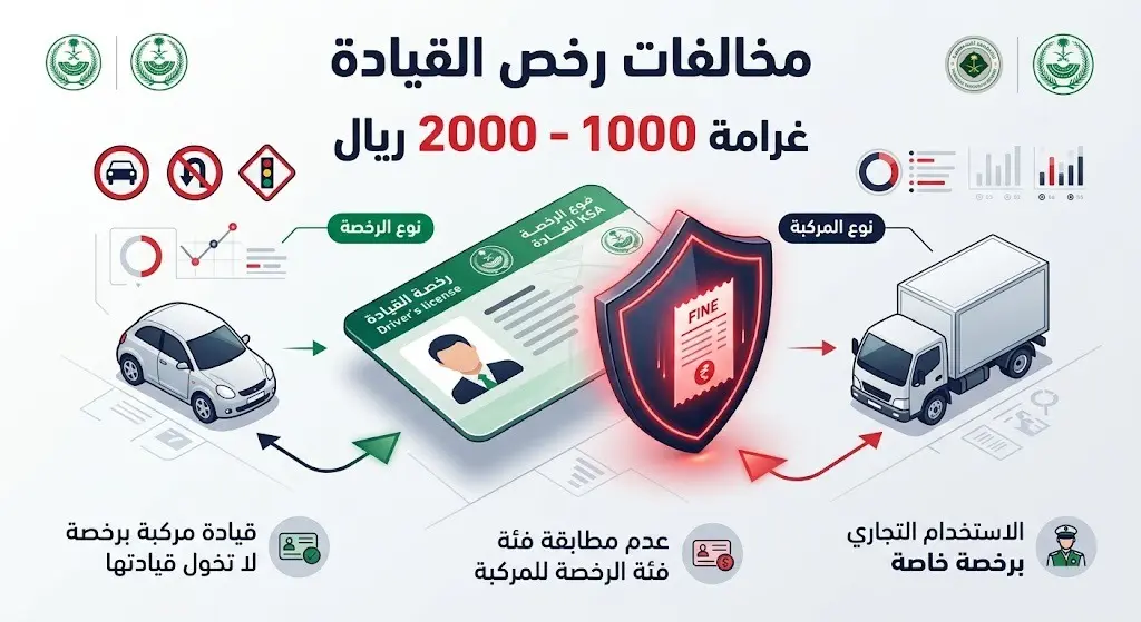 إنفوجرافيك احترافي يوضح التداعيات النظامية لعدم تطابق رخصة القيادة مع نوع المركبة وقيمة الغرامات المرورية المقررة التي تتراوح بين 1000 و2000 ريال.