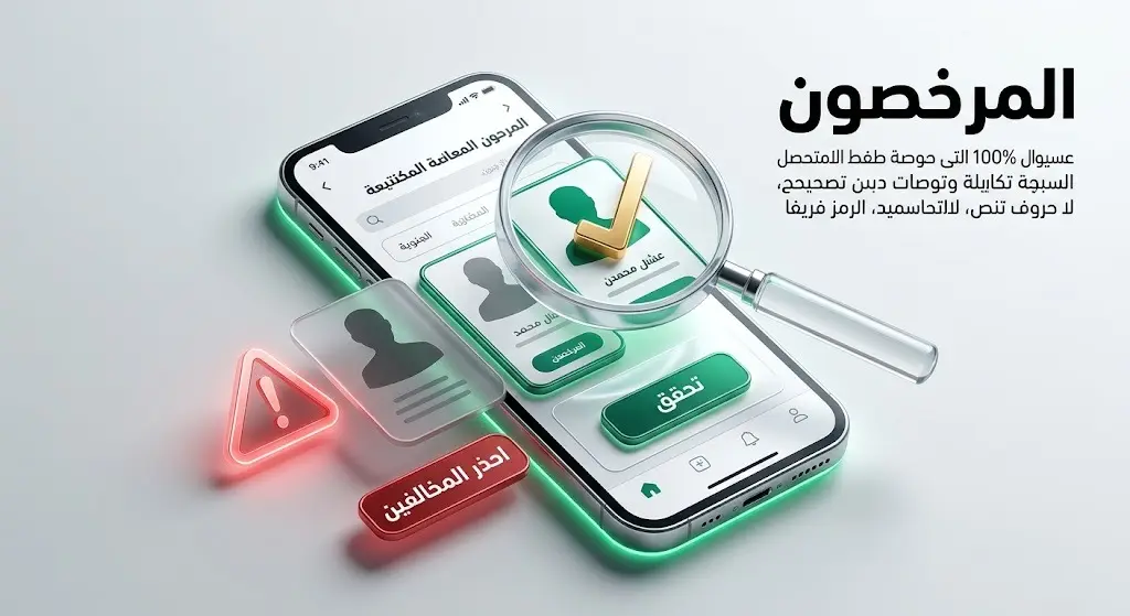 تصميم بصري يعرض شاشة هاتف تفاعلية للتحقق من سجل المقيّمين المعتمدين، مع إشارات تحذيرية لتجنب التعامل مع غير المرخصين.