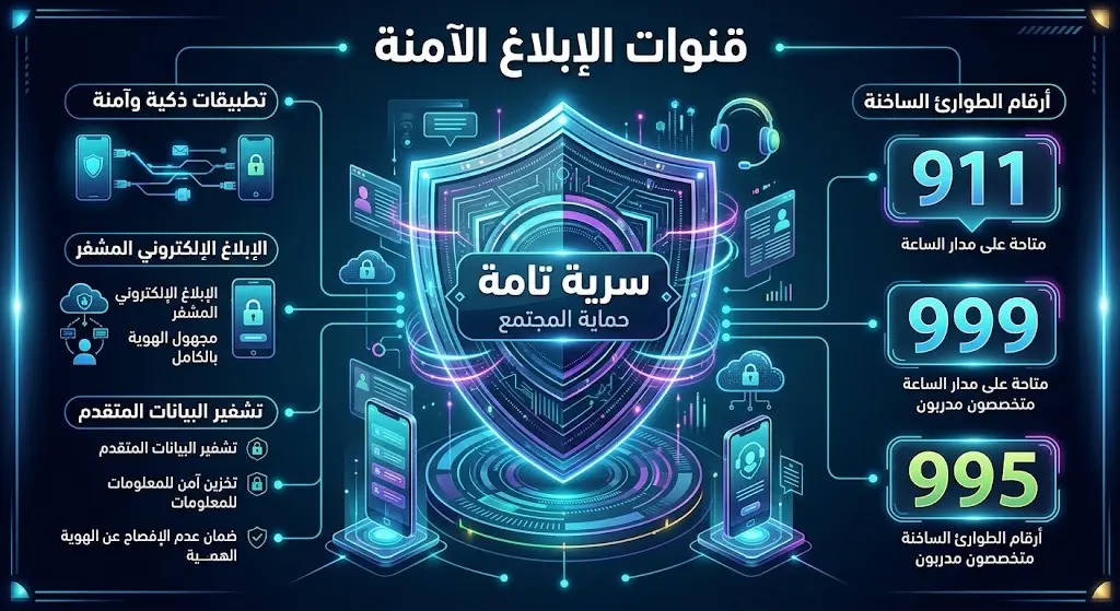 تصميم مرئي مبتكر يستعرض أرقام قنوات الإبلاغ الآمنة عن المخدرات في السعودية (911، 999، 995) مع إبراز مفهوم السرية التامة لحماية المُبلّغين.