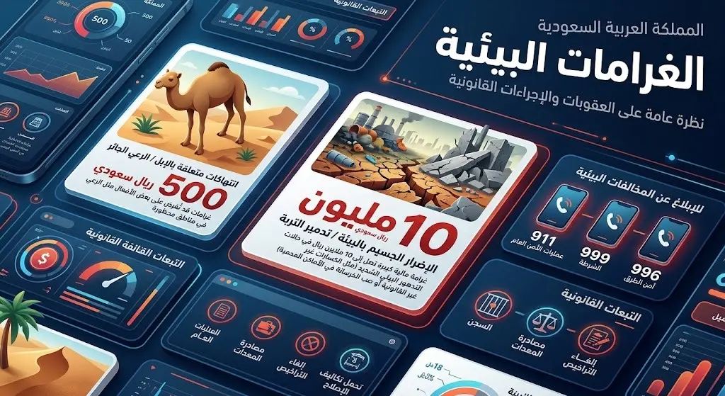إنفوجرافيك يستعرض الغرامات البيئية المقررة لمخالفات الرعي وتلويث التربة وأرقام الإبلاغ المعتمدة.