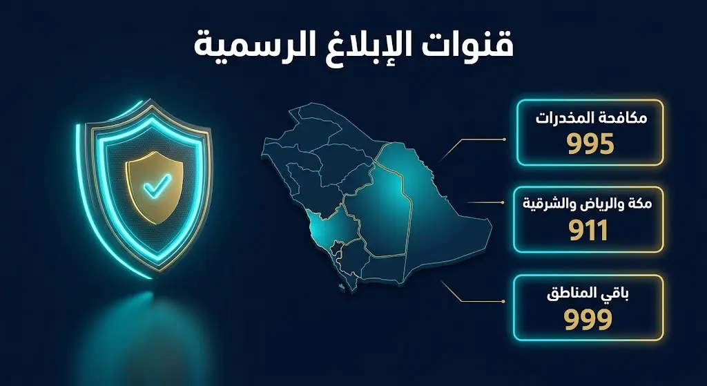 إنفوجرافيك أمني يوضح أرقام وقنوات الإبلاغ الرسمية للتواصل مع مكافحة المخدرات والجهات الأمنية في السعودية