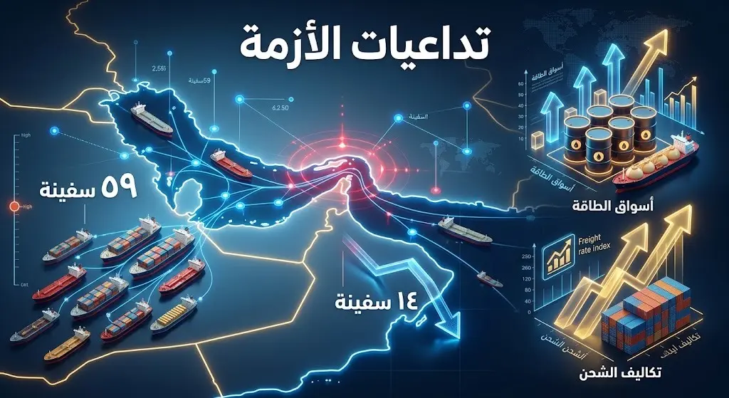إنفوجرافيك تعبيري يوضح خريطة مضيق هرمز مع سفن شحن وأسهم تصاعدية ترمز لارتفاع التكاليف وتأثر أسواق الطاقة.