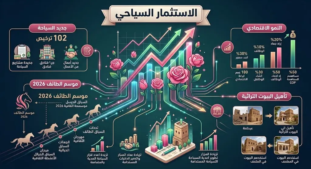 إنفوجرافيك يوضح أثر تنوع السياحة في الطائف على نمو الاستثمار وزيادة التراخيص السياحية والفعاليات الكبرى