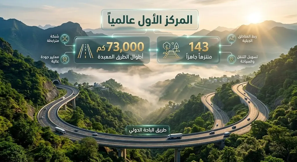 تصميم يدمج بين طبيعة الباحة الجبلية الخضراء وإحصائيات تبرز تصدر المملكة عالمياً في مؤشر ترابط شبكة الطرق