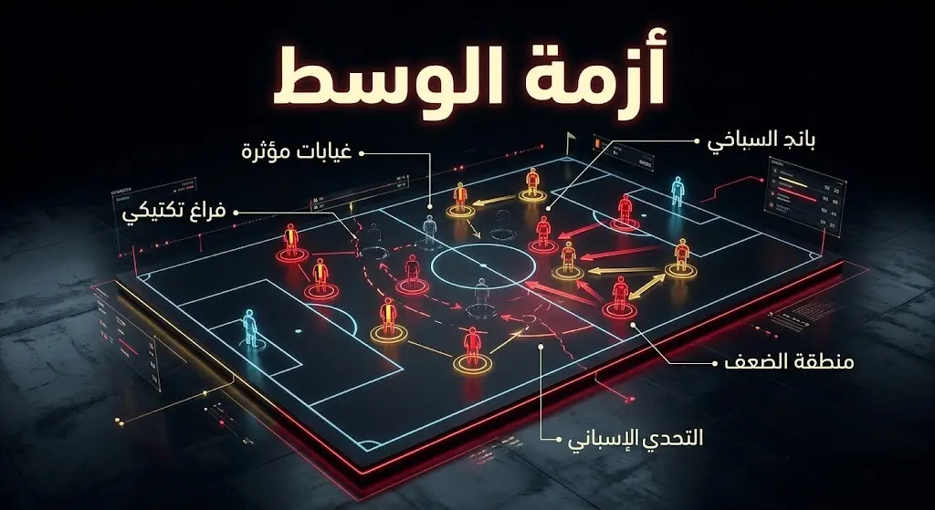 تصميم تكتيكي يبرز أزمة غيابات خط وسط منتخب بلجيكا أمام القوة الإسبانية في ربع نهائي كأس العالم 2026.