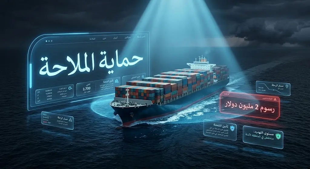 تصميم تعبيري يدمج بين سفينة تجارية تعبر بأمان وبيانات بصرية توضح الإجراءات الأمريكية والتهديدات الإيرانية.