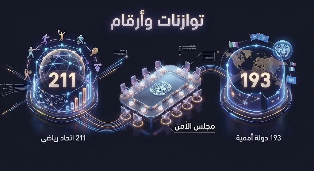 إنفوجرافيك احترافي يقارن بين عدد أعضاء الفيفا والأمم المتحدة ويوضح خطوات التصويت في مجلس الأمن