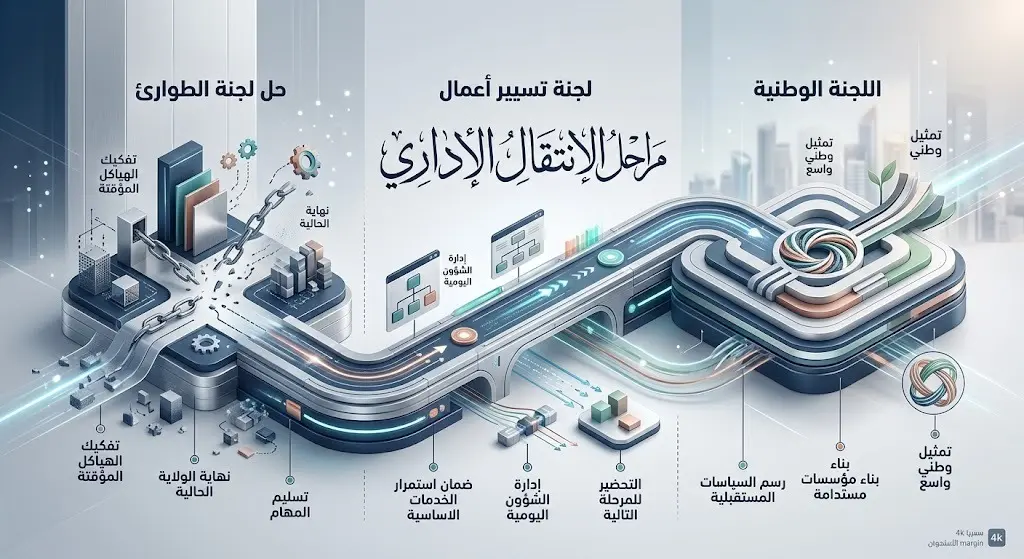 إنفوجرافيك يوضح التداعيات والخطوات الانتقالية المتوقعة لإدارة قطاع غزة، متضمناً حل لجنة الطوارئ وتسليم المهام للجنة الوطنية.