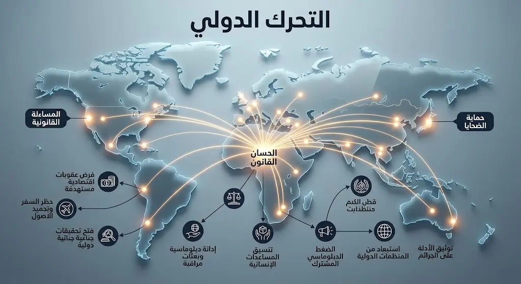 تصميم بصري إبداعي يعبر عن التحركات الدبلوماسية الدولية لدعم وحماية الضحايا وتفعيل آليات المساءلة القانونية.