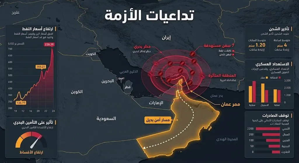 خريطة إنفوجرافيك تفاعلية تستعرض التداعيات العسكرية والاقتصادية للأزمة، وتبرز إحصائيات استهداف السفن، الحظر البحري، ارتفاع أسعار النفط، والممر المائي العماني البديل.
