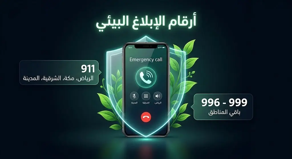 تصميم إرشادي يستعرض أرقام الإبلاغ عن المخالفات البيئية، مبيناً الرقم 911 لمناطق محددة والأرقام 999 و996 لبقية مناطق المملكة لحماية البيئة.