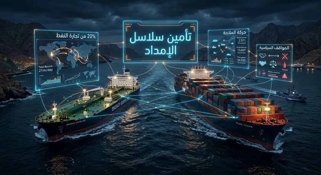 تصميم فني يدمج بين سفينة شحن تجارية وشاشات بيانات هولوغرامية تستعرض تأثيرات الملاحة على تجارة النفط العالمية وسلاسل الإمداد