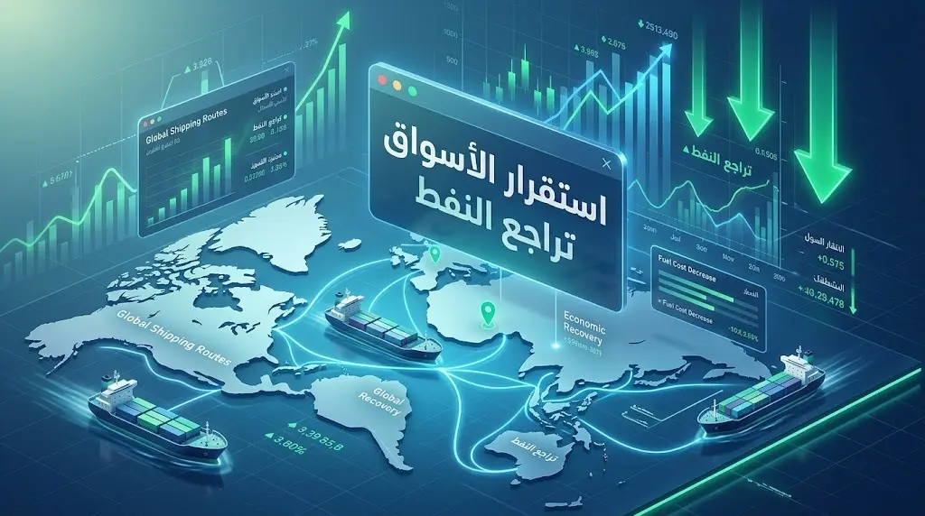 رسم بياني وتصميم يوضح تراجع أسعار النفط واستقرار الأسواق إثر استئناف الملاحة وتدفق السفن التجارية.