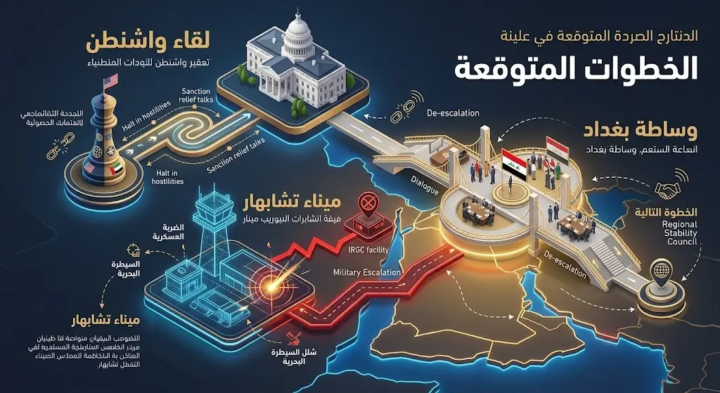 رسم تعبيري يستعرض التداعيات الإقليمية، بدءاً من التحركات السياسية المرتقبة في واشنطن، وصولاً إلى التصعيد الميداني في ميناء تشابهار ومحاولات التهدئة العراقية.