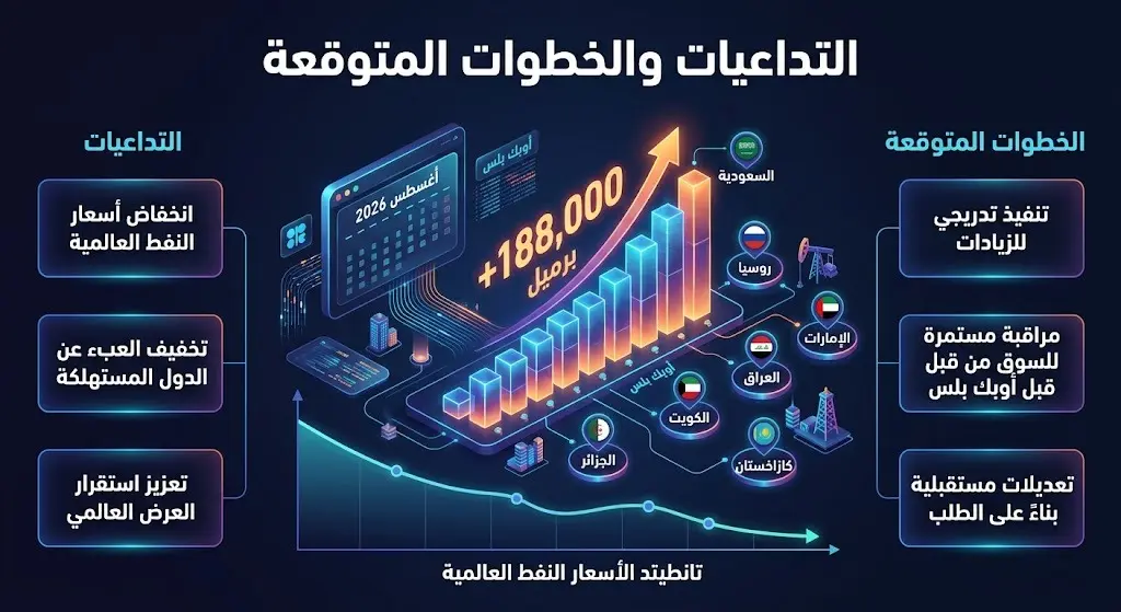 تصميم بياني يبرز قرار 7 دول في أوبك بلس بزيادة الإنتاج بمقدار 188 ألف برميل يومياً بدءاً من أغسطس 2026 وأثره على الأسعار.