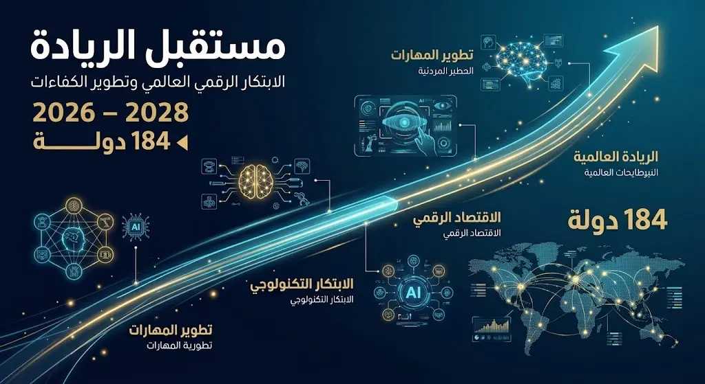 إنفوجرافيك مستقبلي يوضح مسار ريادة المملكة وتأثيرها المتوقع في قطاع الطيران عالمياً والجاهزية لسوق العمل بالذكاء الاصطناعي حتى 2028.