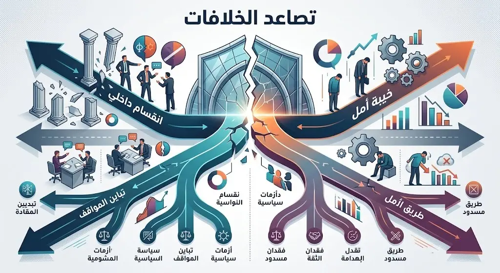 تصميم بصري تعبيري يوضح تصاعد الخلافات وتداعيات الانقسام داخل الإدارة الأمريكية بشأن الموقف من إسرائيل.