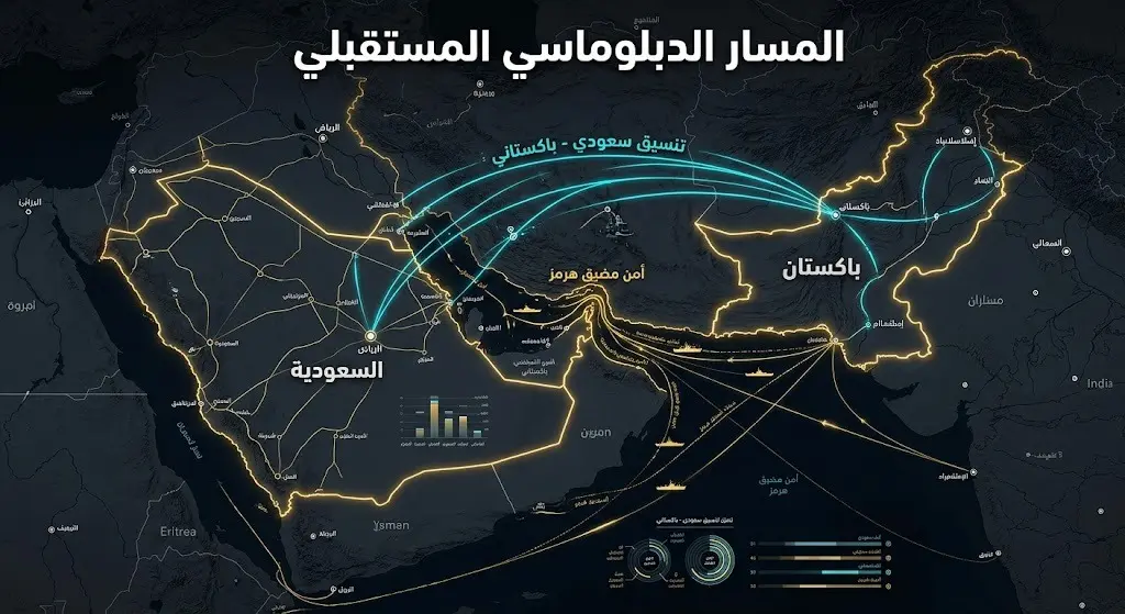 تصميم يبرز التنسيق الدبلوماسي السعودي الباكستاني لتأمين مضيق هرمز واحتواء التصعيد.
