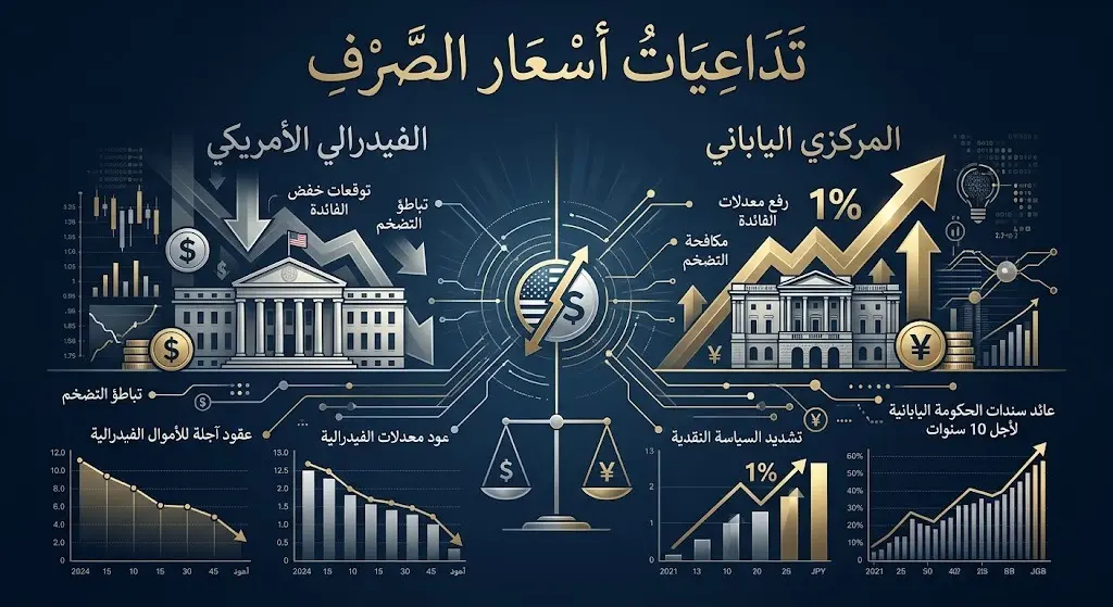 تصميم تعبيري يجسد التداعيات الاقتصادية والتوازن بين سياسات الفيدرالي الأمريكي والمركزي الياباني