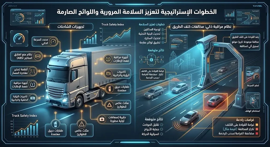 تصميم إنفوجرافيك متطور يستعرض الإجراءات التنظيمية لتعزيز السلامة المرورية، بما في ذلك التجهيزات الإلزامية للشاحنات والرقابة على أكتاف الطريق.