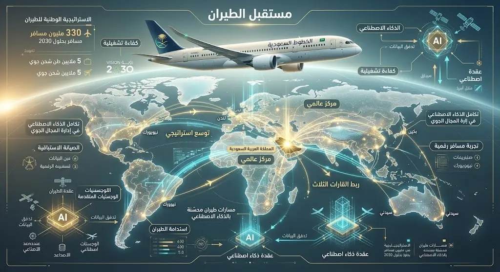 تصميم تخيلي يدمج طائرة حديثة مع شبكات رقمية وخرائط بيانات مضيئة تعبر عن مستقبل قطاع الطيران في المملكة واستخدام الذكاء الاصطناعي