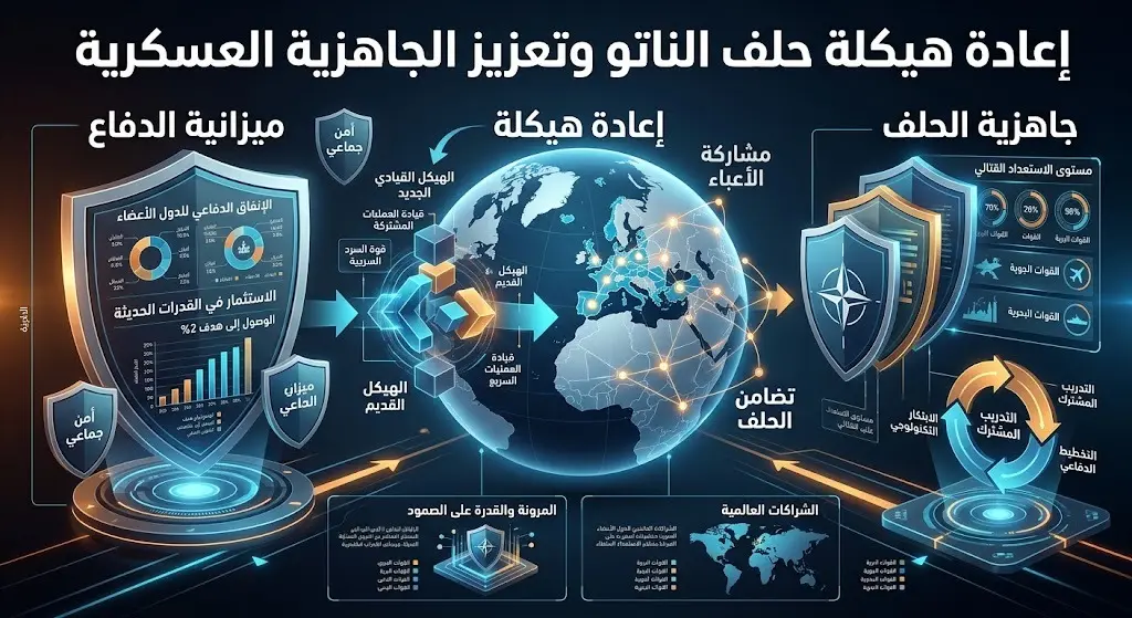 تصميم تعبيري يجسد إعادة هيكلة التزامات الناتو الجيوسياسية ورفع جاهزية دوله عسكرياً.