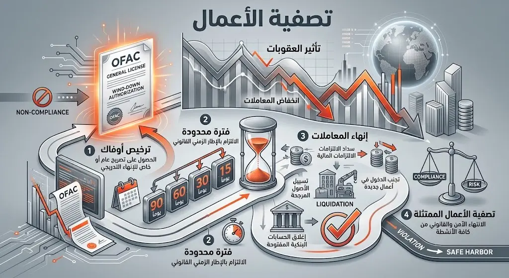 تصميم مفاهيمي يعرض خطوات تصفية الأعمال والتعاملات التجارية مع الكيانات المشمولة بالعقوبات بموجب ترخيص أوفاك.