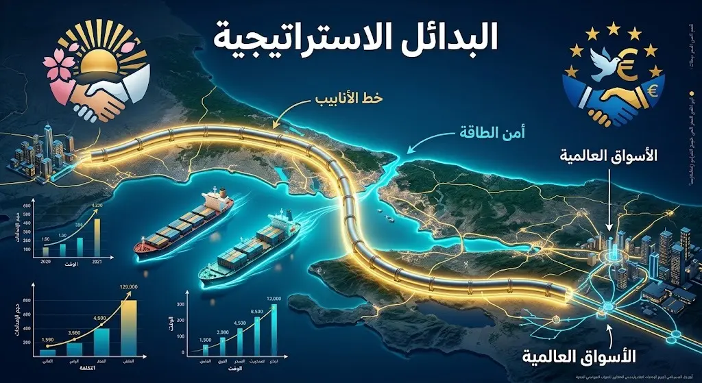 رسم ثلاثي الأبعاد يوضح خطوط أنابيب النفط كحل استراتيجي لتأمين إمدادات الطاقة بعيداً عن التوترات البحرية.