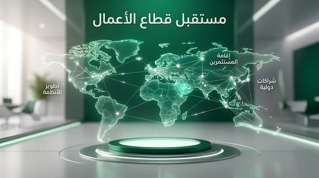 تصميم إبداعي يجسد ترابط البيئة الاستثمارية السعودية مع الأسواق العالمية وتطور الأنظمة لدعم قطاع الأعمال.