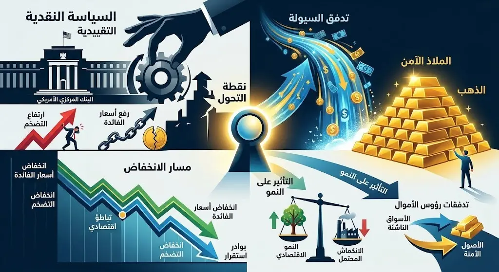 رسم تعبيري يجسد تأثير تراجع التضخم على سياسات الفيدرالي الأمريكي وتوجه السيولة النقدية نحو الملاذات الآمنة.