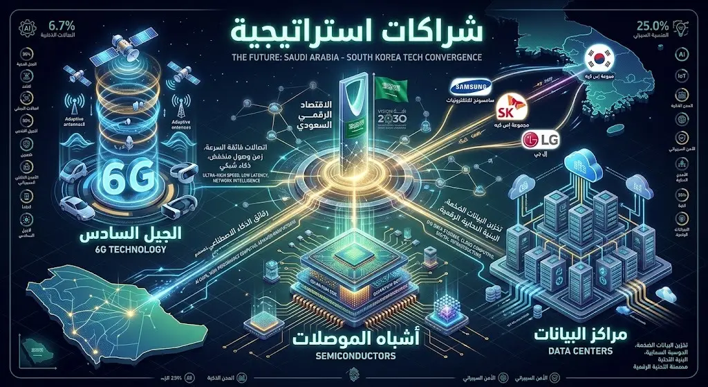 إنفوجرافيك يوضح الشراكات الاستراتيجية التقنية بين السعودية وكوريا الجنوبية في أشباه الموصلات والجيل السادس.
