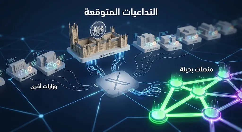تصميم يوضح التداعيات المحتملة لانسحاب وزارة الثقافة البريطانية، مع توجه إدارات ووزارات أخرى للبحث عن منصات تواصل بديلة وآمنة.