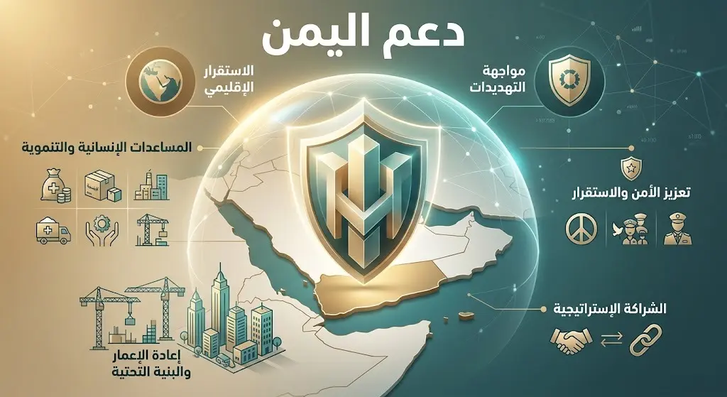 تصميم تعبيري يبرز استمرار الدعم لليمن وللحكومة الشرعية في مواجهة التحديات الأمنية الإقليمية.