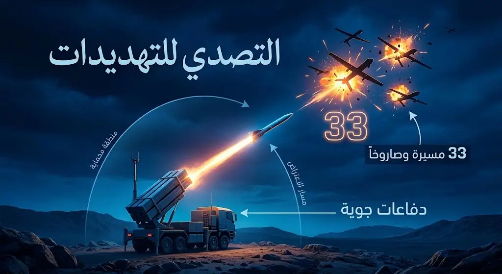 تصميم بياني يبرز نجاح المنظومات الدفاعية في التصدي لـ 33 طائرة مسيرة وصاروخاً ضمن الخطوات المشتركة لاحتواء التصعيد